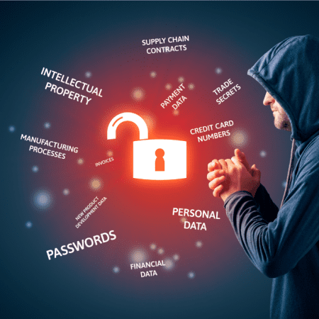 Hacker looking forward at words describing corporate data